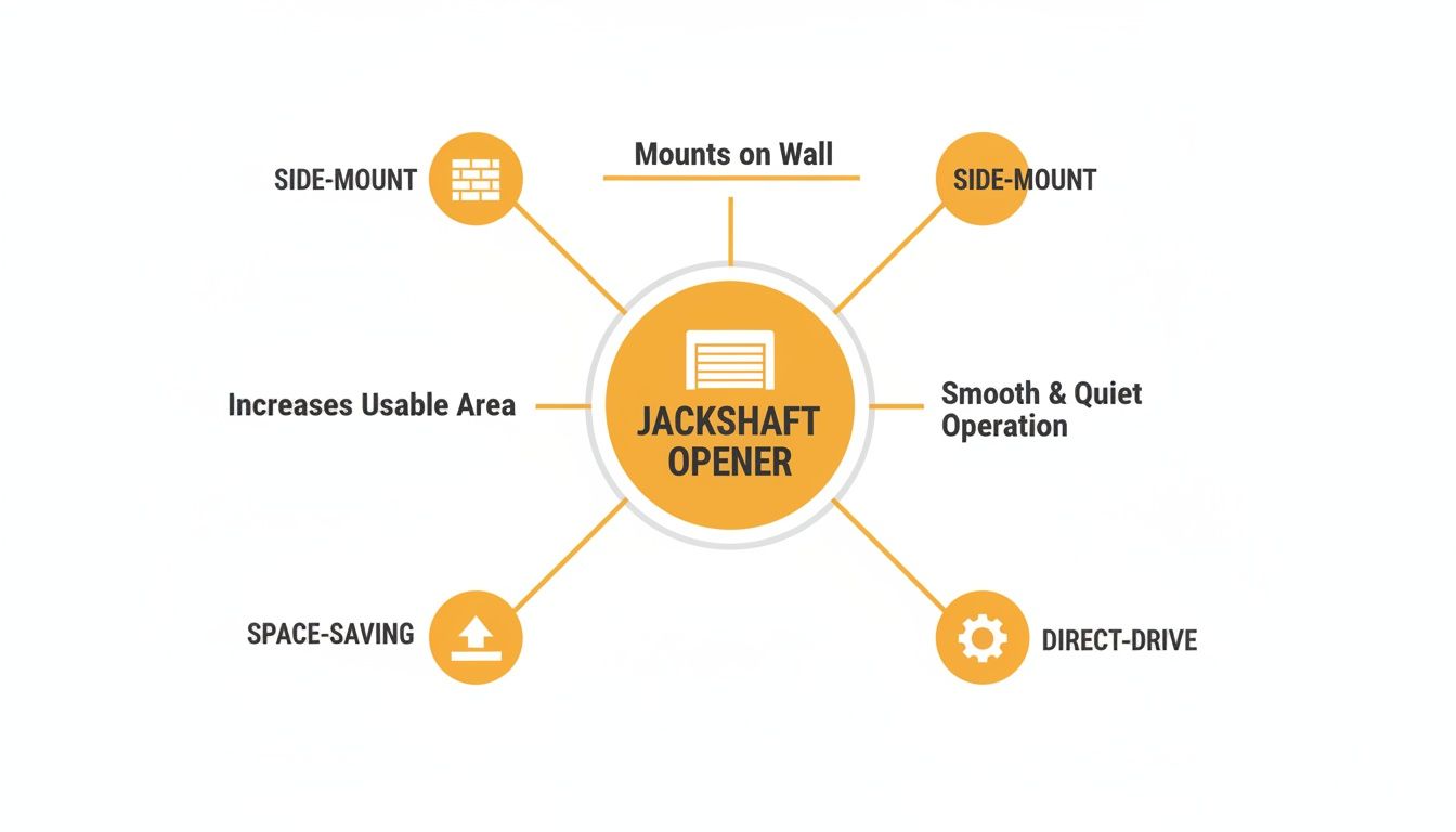 Infographic showing features of a jackshaft garage door opener: side-mount, space-saving, quiet, direct-drive, increasing usable area.