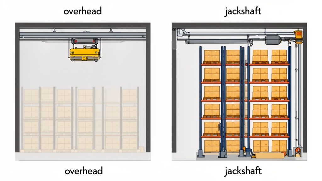 Diagram illustrating overhead and jackshaft door operators in a warehouse setting with storage racks.