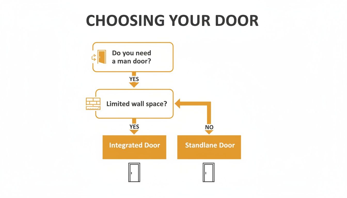 Flowchart guiding the selection between integrated and standalone doors based on man door need and wall space.