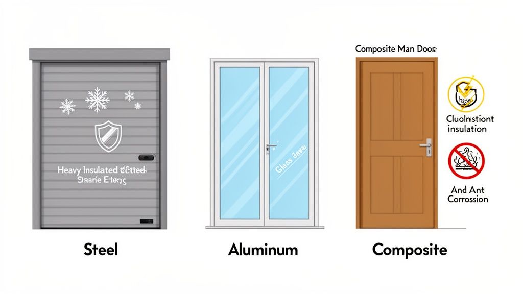 Three types of doors displayed: steel roller door, aluminum glass door, and composite man door with features.