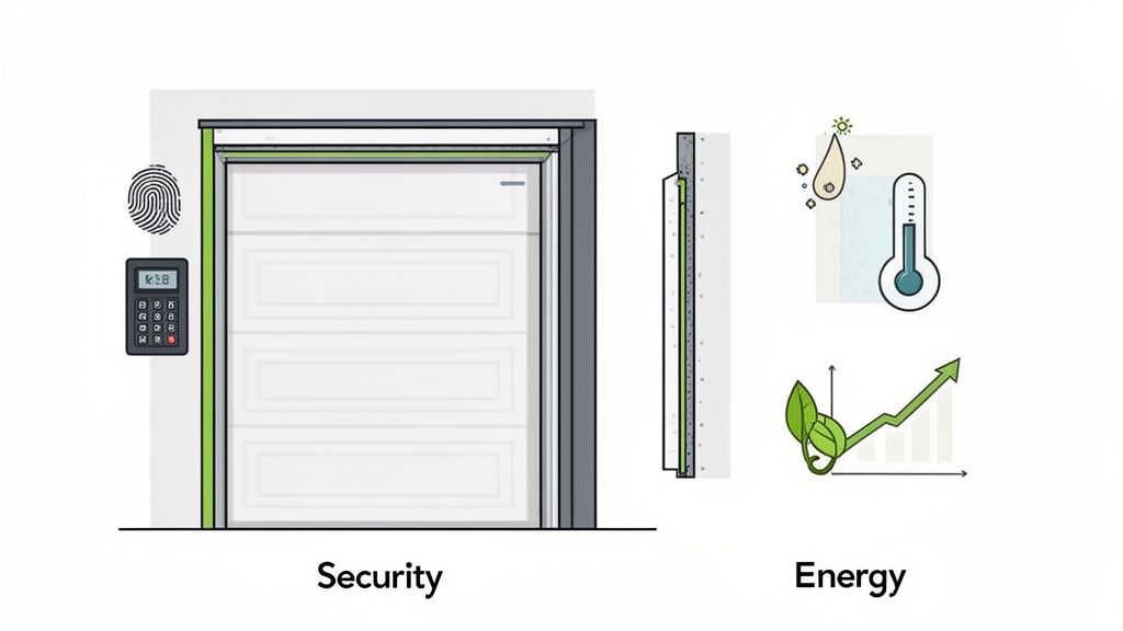 Illustration showing smart garage door security with fingerprint and keypad, and energy efficiency features.