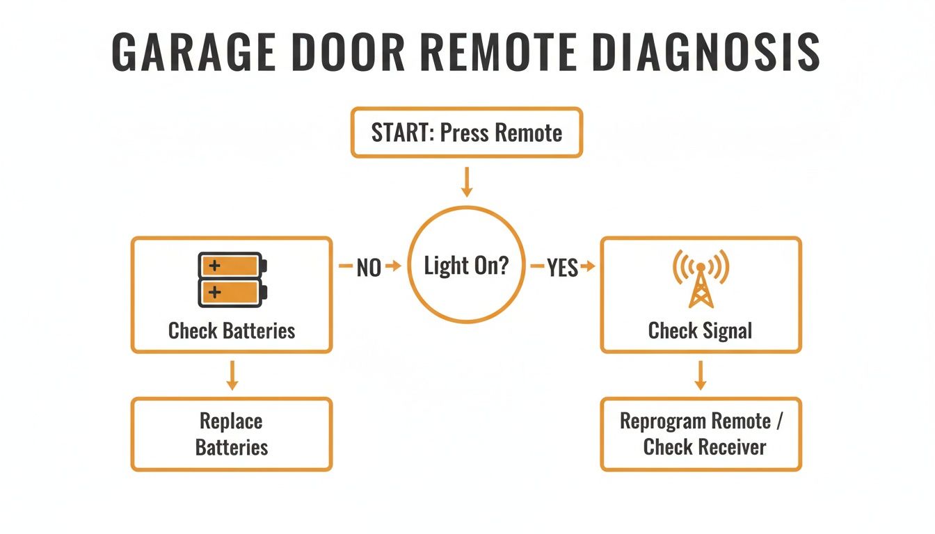 Flowchart for diagnosing a garage door remote, guiding users to check batteries or signal.