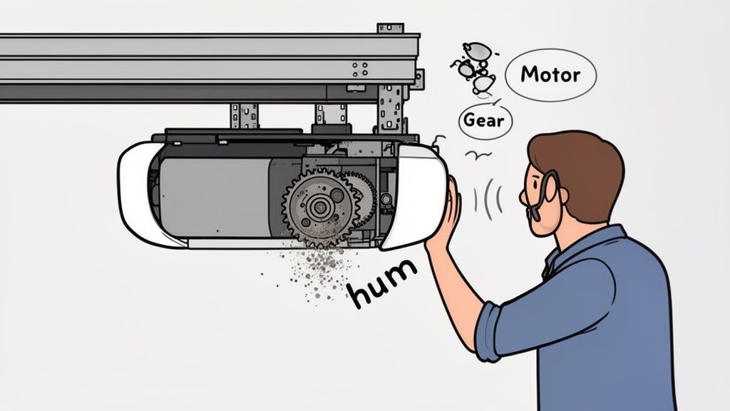 Man troubleshooting a noisy garage door opener motor with visible dirty gears.