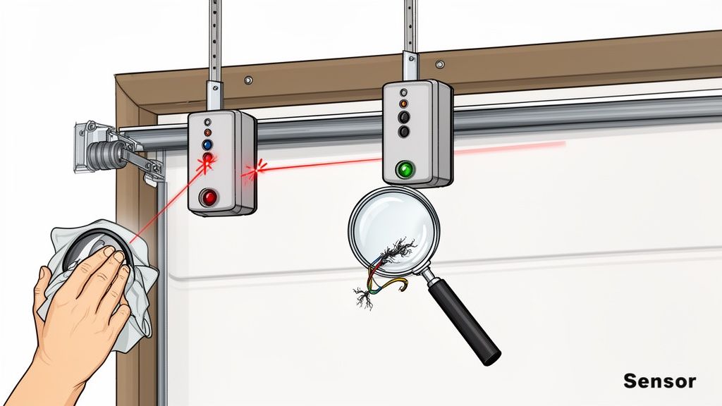 A hand cleans a garage door sensor, while a magnifying glass inspects damaged wires, highlighting common sensor problems.