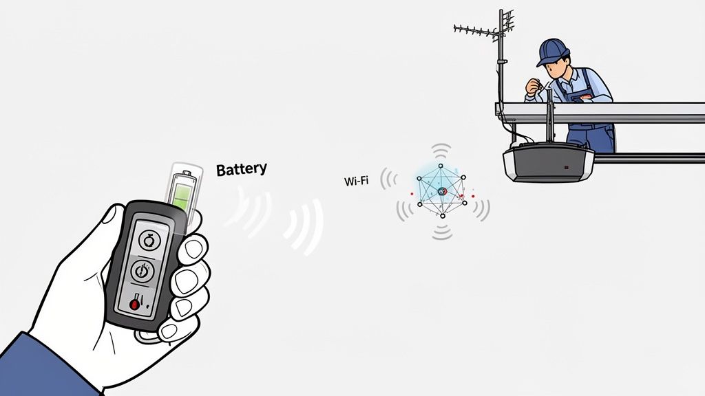 A hand holding a garage door remote control, indicating full battery, sending signals to a Wi-Fi enabled opener system.