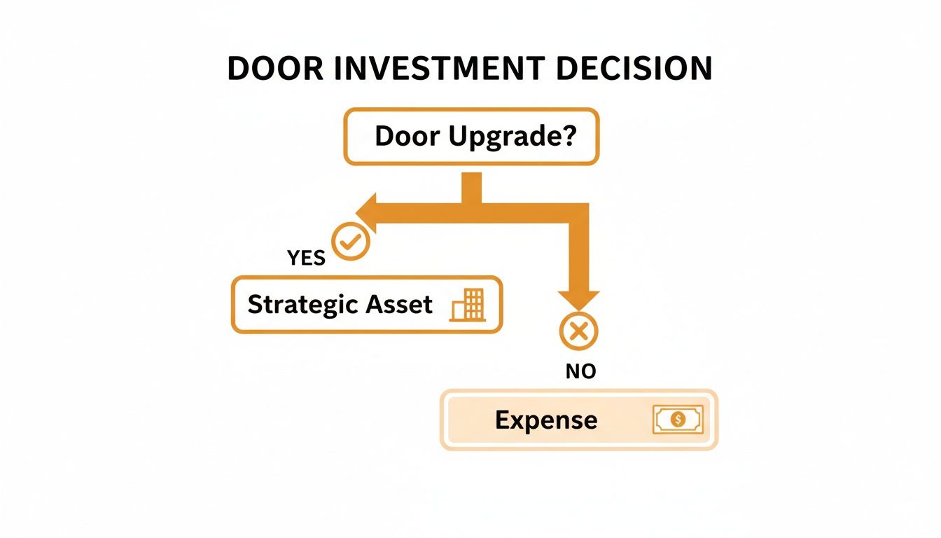 A flowchart illustrating the door investment decision process: upgrade as a strategic asset or an expense.