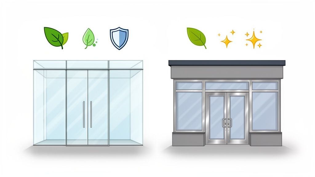 Two distinct glass commercial door designs: modern frameless and traditional storefront, with feature icons.
