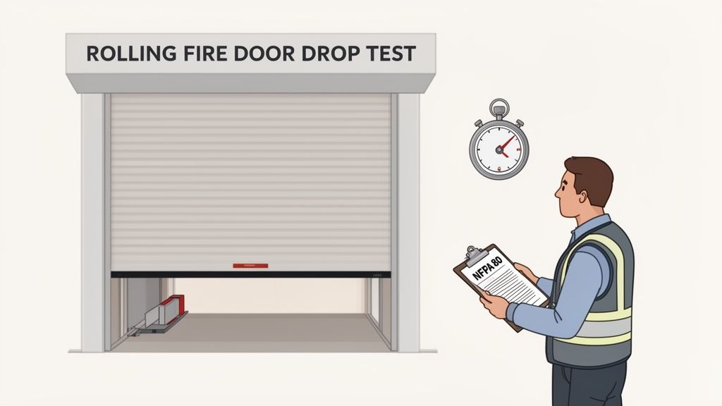 Man in safety vest conducting a rolling fire door drop test, holding a clipboard with NFPA 80 guidelines.