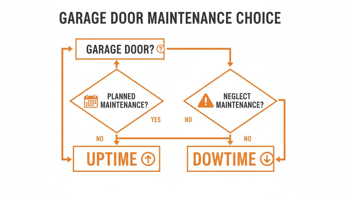 Flowchart illustrating garage door maintenance choices. Planned maintenance leads to uptime, while neglect results in downtime.