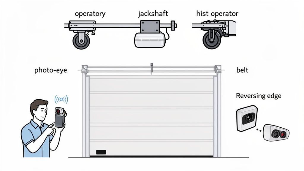 An illustration showing various labeled components of a garage door system, including operators, a jackshaft, photo-eye, belt, and a reversing edge.