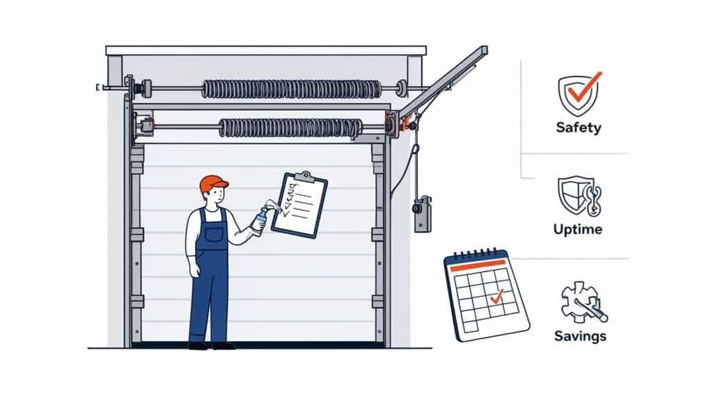 A technician inspects a garage door, with icons illustrating safety, uptime, and savings from maintenance.