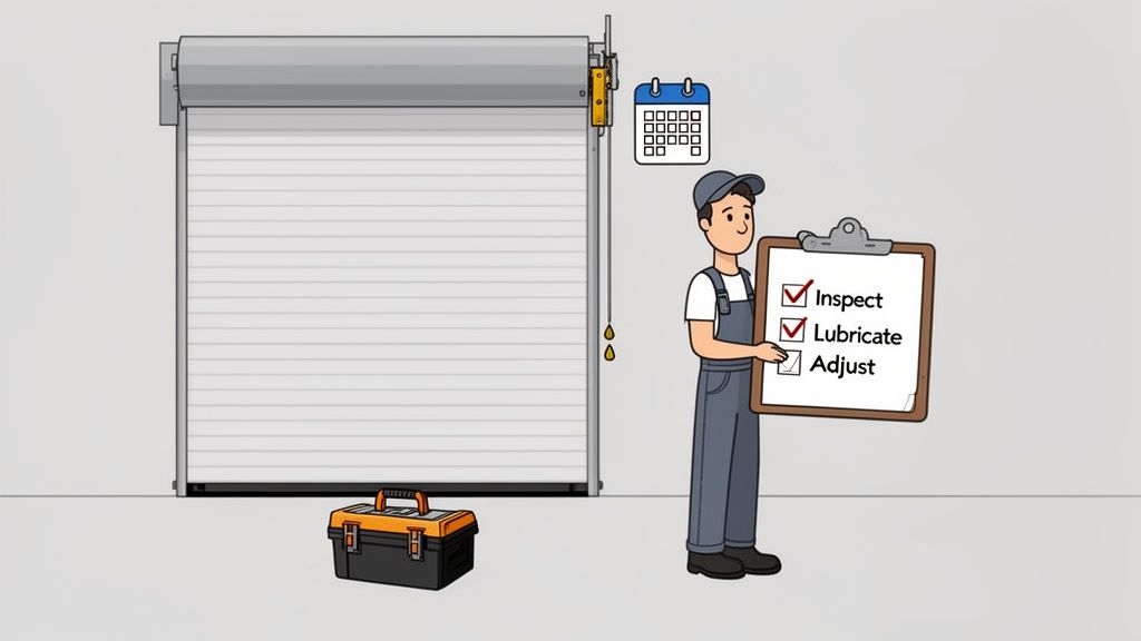 Cartoon technician with a clipboard checking off 'Inspect' and 'Lubricate' for an overhead door.