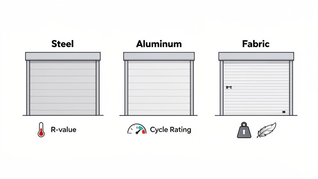 Illustrates three types of commercial overhead doors: Steel, Aluminum, and Fabric, highlighting their key characteristics like R-value, cycle rating, and weight.