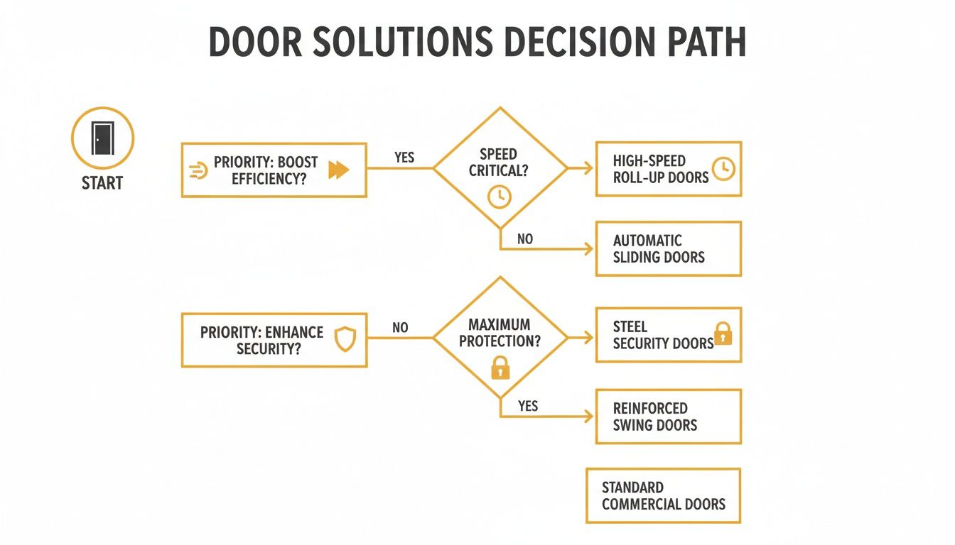 Flowchart detailing a door solutions decision path for commercial buildings, considering efficiency and security.