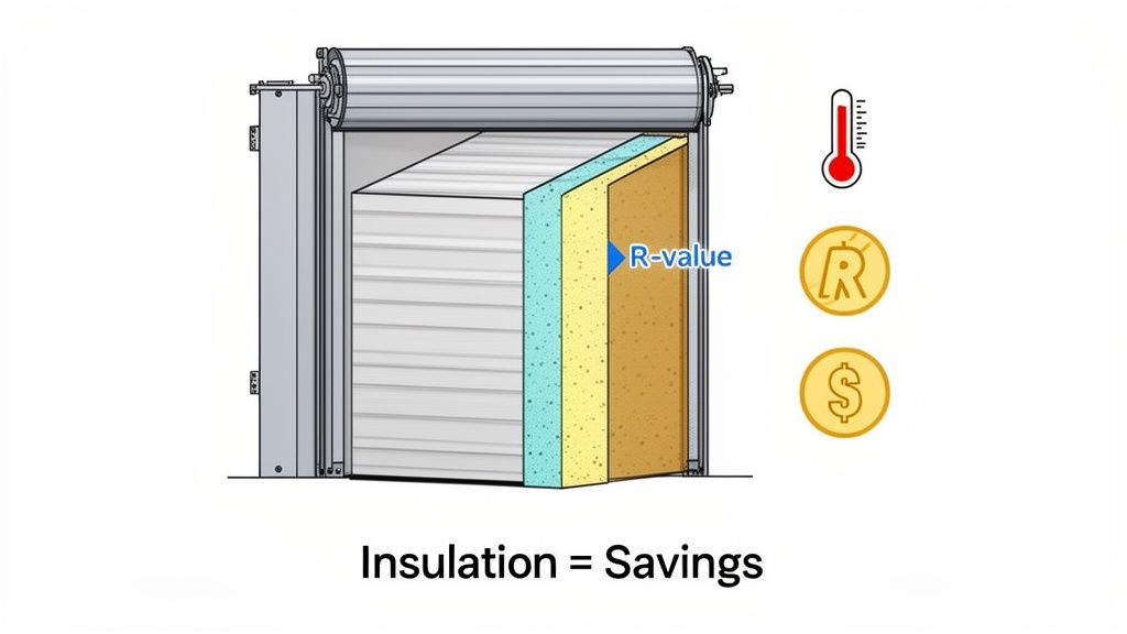 Diagram showing an insulated commercial rolling garage door with R-value, symbolizing temperature control and cost savings.