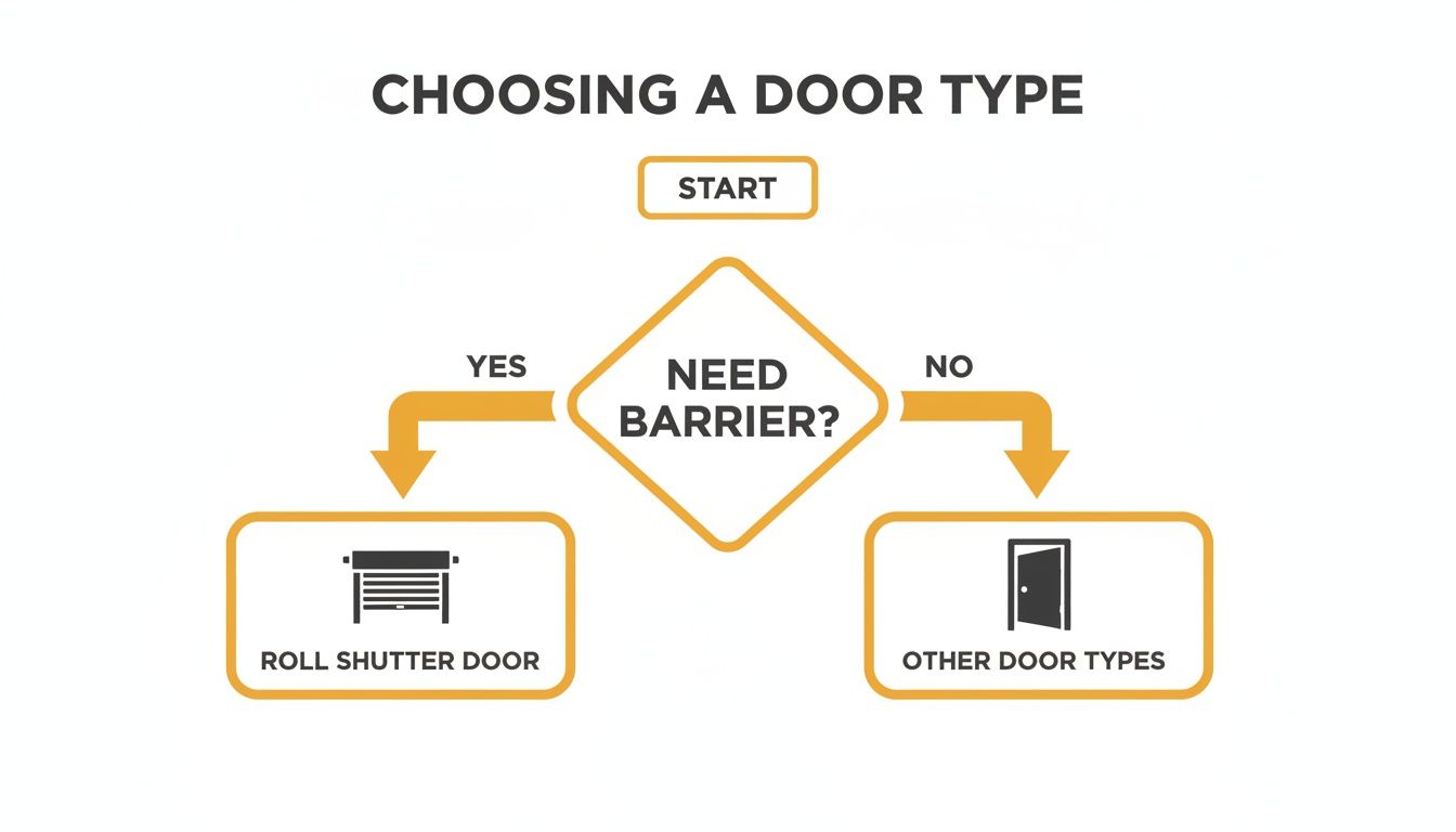 A flowchart guides door selection: roll shutter if barrier needed, otherwise other door types.