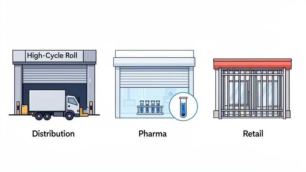 Three illustrations depict roll shutter doors in various industry applications: distribution, pharma, and retail.