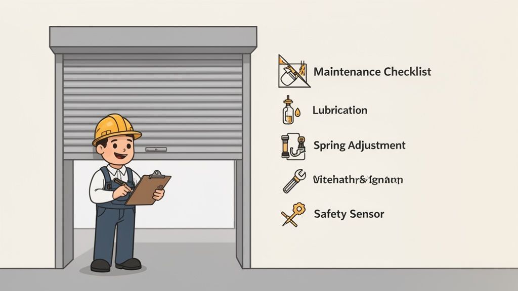 A cartoon worker in a hard hat holds a clipboard, inspecting a partially open roll shutter door with a maintenance checklist.