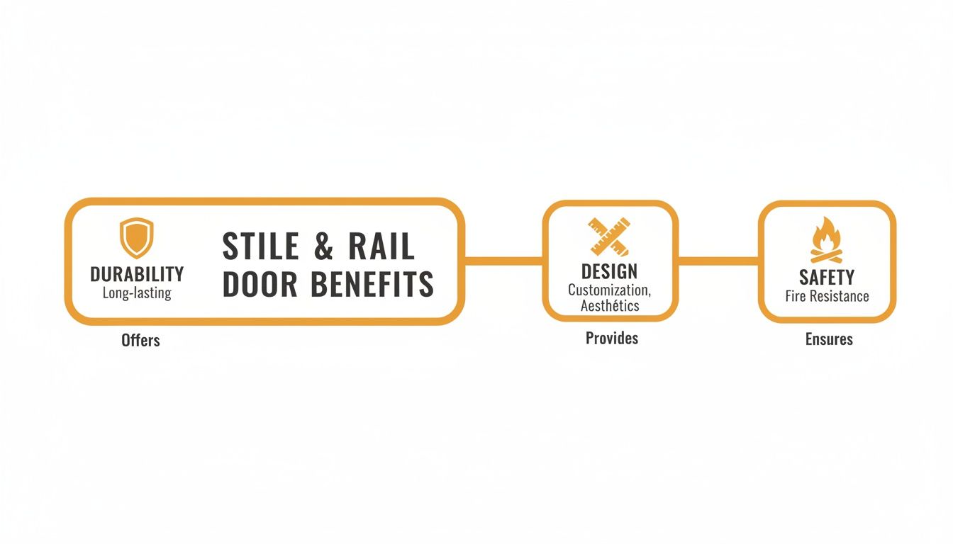 Infographic outlining stile and rail door benefits: durability, design customization, and fire resistance safety.