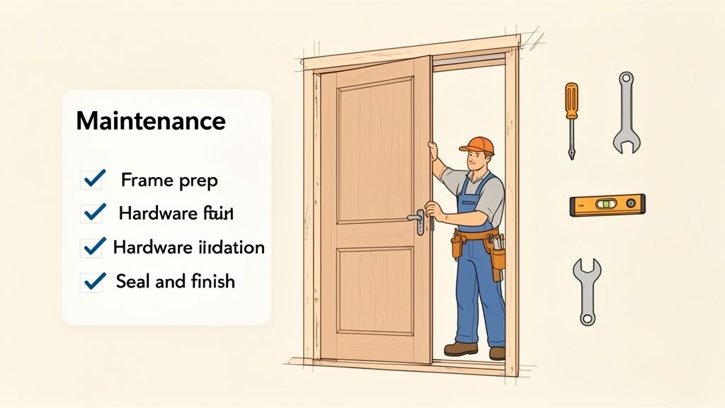 A handyman installs a wooden door into a frame, with a maintenance checklist and tools displayed.