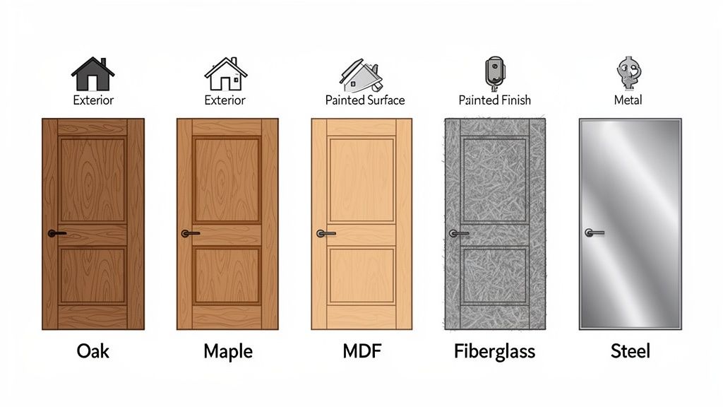 A lineup of five different door types, showcasing Oak, Maple, MDF, Fiberglass, and Steel materials.