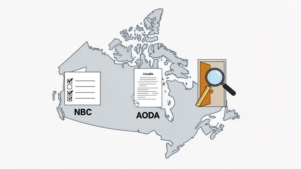 Map of Canada illustrating NBC, AODA regulations, and accessible doorway measurements with a magnifying glass.