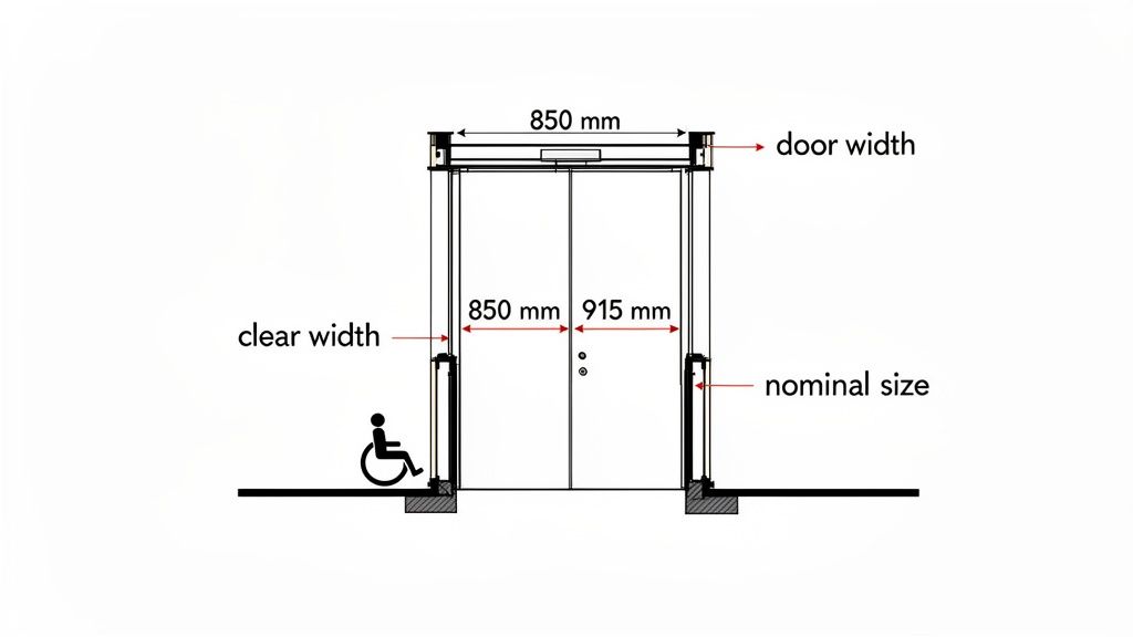 Diagram illustrating door width, clear width, and nominal size for an accessible double doorway, with key measurements.