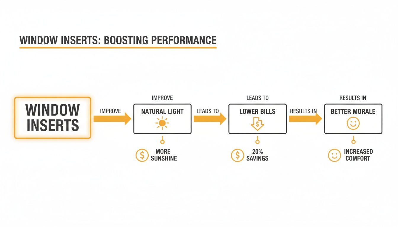 A flowchart illustrating the benefits of window inserts: improved natural light, lower bills, and better morale.