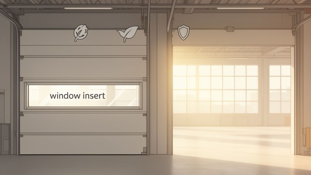 A modern garage door with a rectangular window insert, next to an open sunlit industrial space.