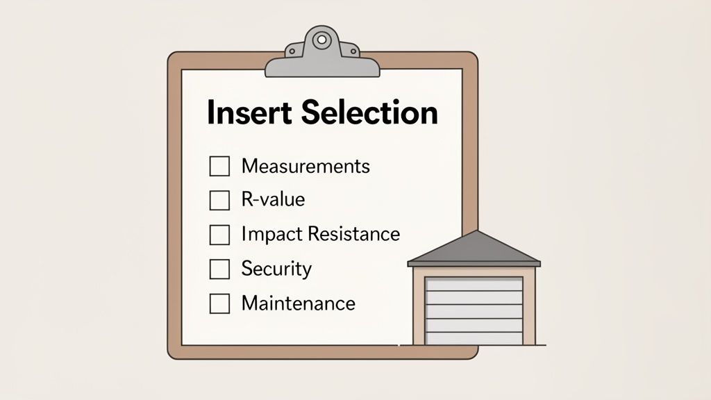 Clipboard with 'Insert Selection' checklist, detailing options like R-value, Security, and Maintenance for garage doors.