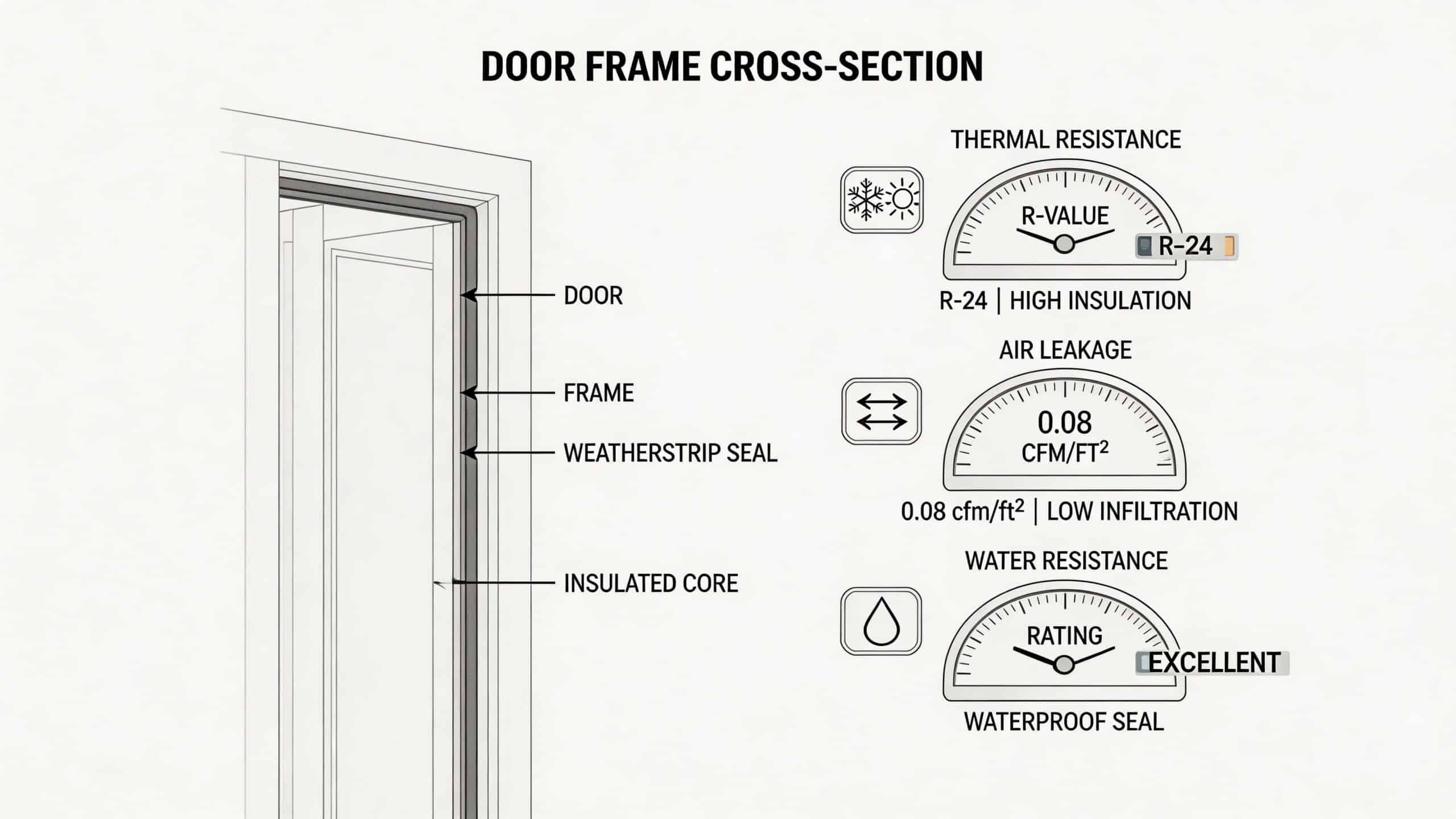Technical diagram showing a door frame cross-section with insulation, air leakage, and water resistance rating statistics.