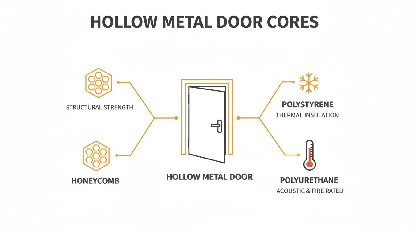 Diagram of hollow metal door cores, detailing honeycomb for structural strength, and polystyrene/polyurethane for insulation and fire rating.