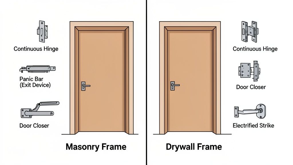 Comparison of door hardware: continuous hinges, panic bar, door closers, and electrified strike for masonry and drywall frames.
