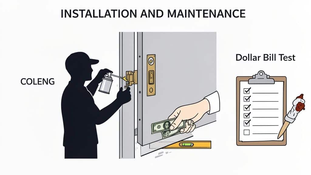 Illustration depicting various aspects of door installation and maintenance, including lubrication and a dollar bill test.