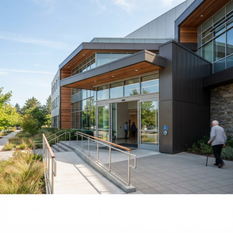 Commercial building entrance with automatic accessible door and wheelchair ramp